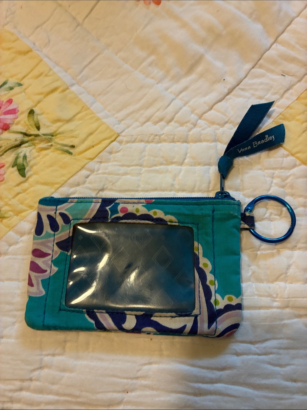 Vera Bradley Teal Patterned ID Zip Pouch with Key Ring